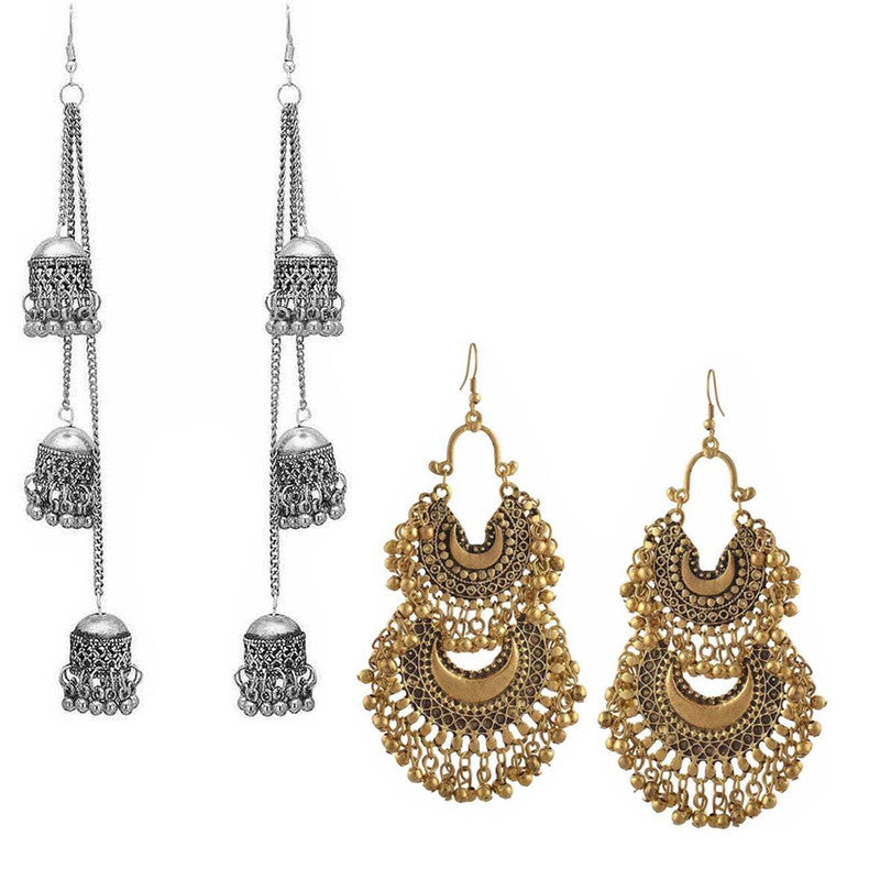 Combo of 2 Double Layer Chandbali and Multicolor layered Ghungroo Earrings