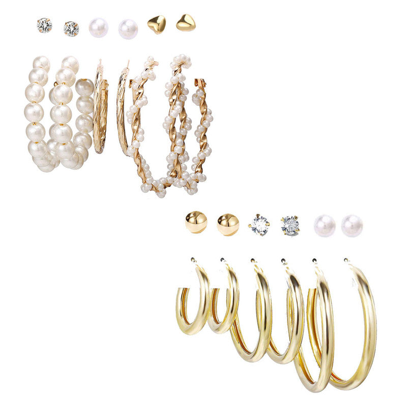 Combo of 12 Pair Stunning Gold Plated Pearl Crystal Studs and big Hoop Earrings