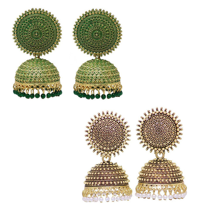Combo of 2 Trendy Golden and Dark Green Pearls Drop Dome Shape Jhumki Earrings