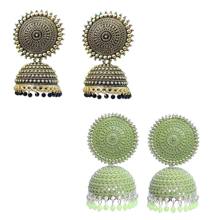 Combo of 2 Stunning Seagreen and Black Pearls Drop Dome Shape Jhumki Earrings