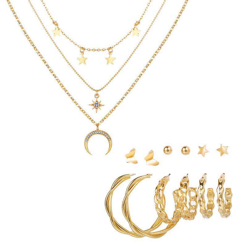 Vembley Combo Of Triple Layered Studded Star Moon Pendant Necklace With Earrings Set For Women and Girls