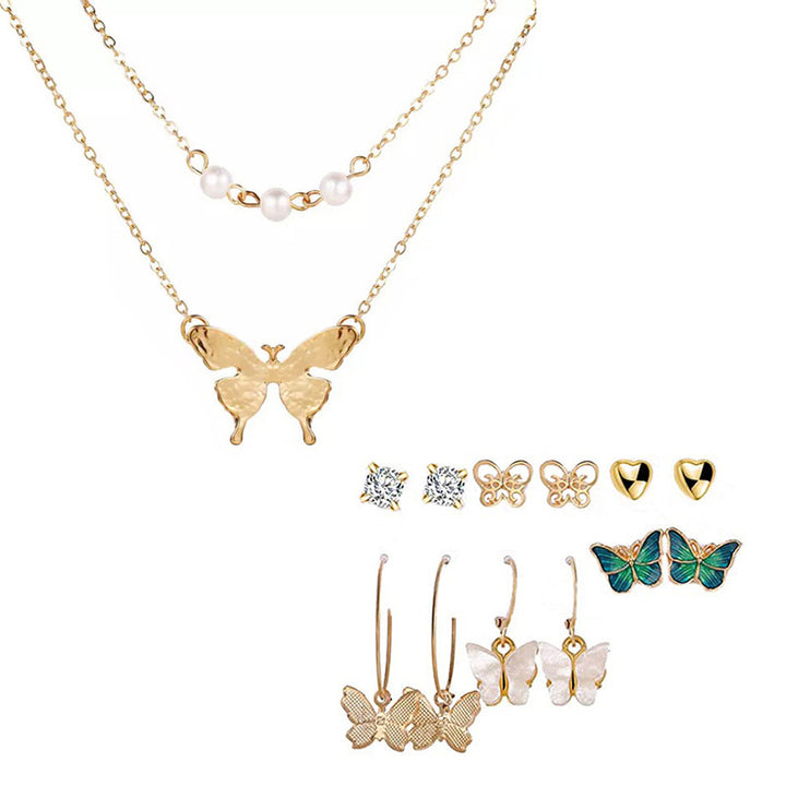 Vembley Combo Of Double Layered Pearl Butterfly Pendant Necklace With Earrings Set