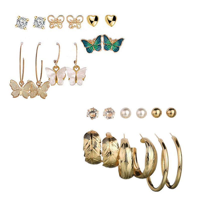 Combo of 12 Pair Lavish Gold Plated Butterfly Crystal Studs and hoop Earrings