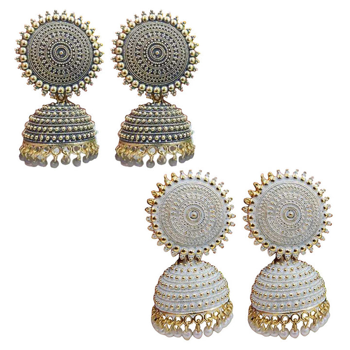 Combo of 2 Stylish White and Grey Pearls Drop Dome Shape Jhumki Earrings