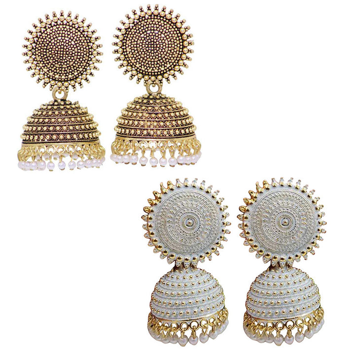 Combo of 2 Stylish White and Golden Pearls Drop Dome Shape Jhumki Earrings