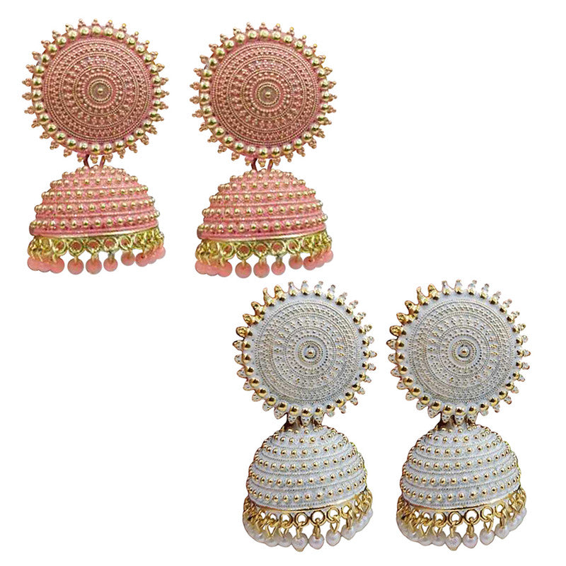 Combo of 2 Attractive White and Peach Pearls Drop Dome Shape Jhumki Earrings