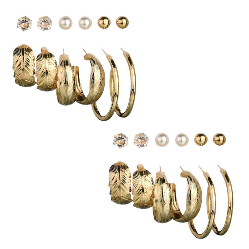 Combo of 12 Pair Trendy Gold Plated Pearl Studs and Leaf Hoop Earrings