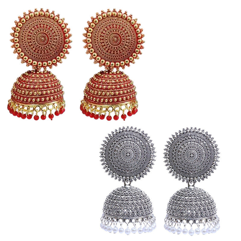 Combo of 2 Attractive Silver and Red Pearls Drop Dome Shape Jhumki Earrings