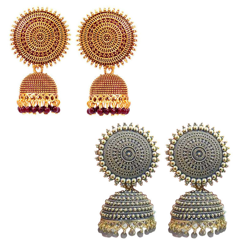 Combo of 2 Traditional Maroon and Grey Pearls Drop Dome Shape Jhumki Earrings