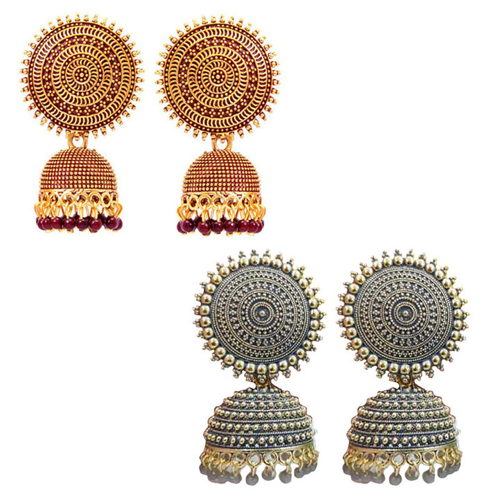 Combo of 2 Traditional Maroon and Grey Pearls Drop Dome Shape Jhumki Earrings