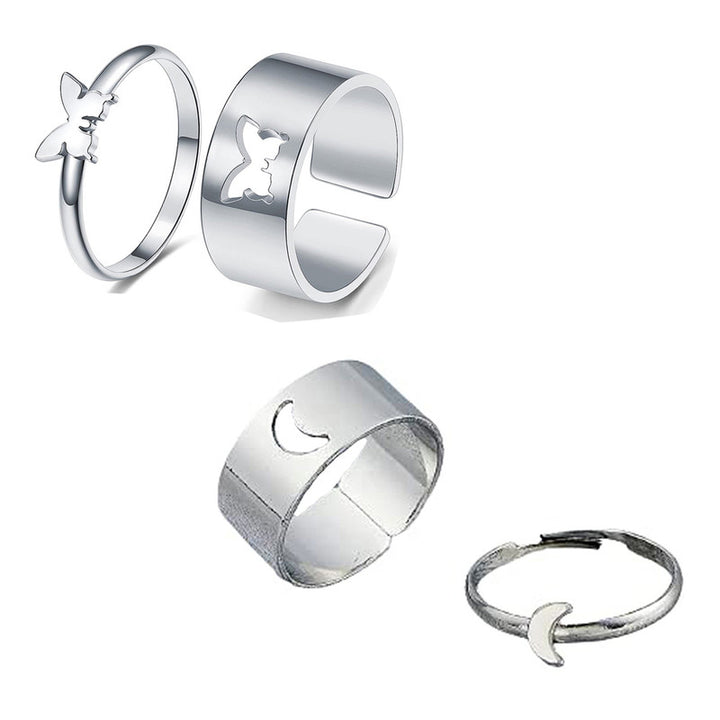 Combo of 2 Silver Plated Half Moon and Butterfly Couple Ring For Men and Women