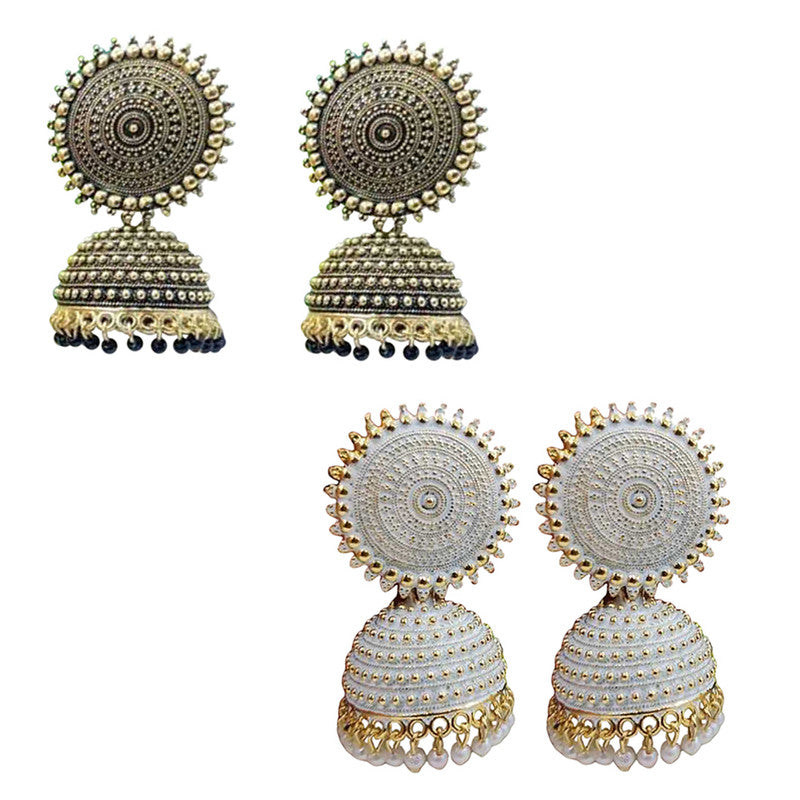 Combo of 2 Attractive White and Black Pearls Drop Dome Shape Jhumki Earrings