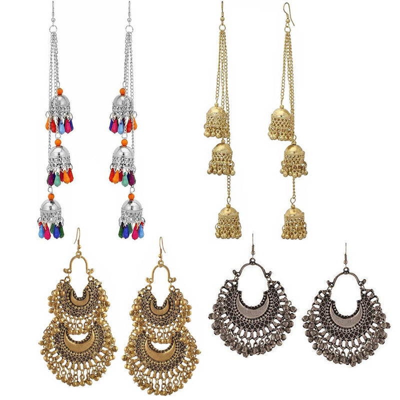 Combo of 4 Afgani Golden and Silver layered and hanging Jhumki Earrings