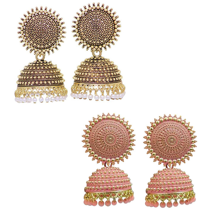 Combo of 2 Stunning Peach and Golden Pearls Drop Dome Shape Jhumki Earrings