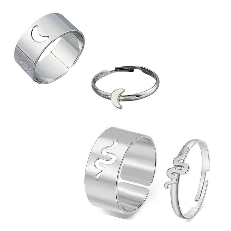 Combo of 2 Silver Plated Half Moon and Snake Couple Ring For Men and Women