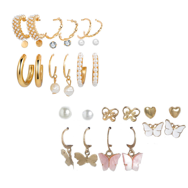 Combo of 15 Pair Lavish Gold Plated Pearl Heart Studs And Hoop Earrings