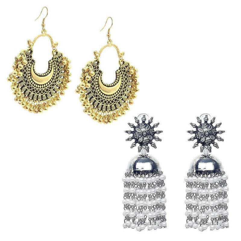 Combo of 2 Traditional Golden Chandbali and Pearls 7 Beads Chain Jhumki Earrings