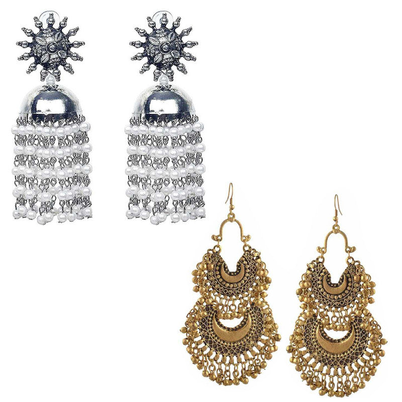 Combo of 2 Traditional Double Layer Chandbali and Chain Linked Jhumki Earrings