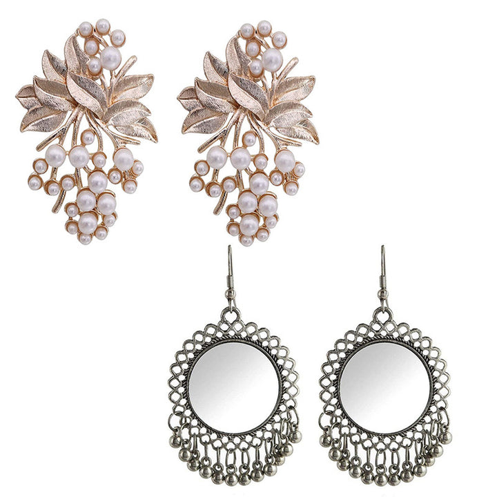 Combo of 2 Mirror Jhumki and Flower Pearl Stud Earrings