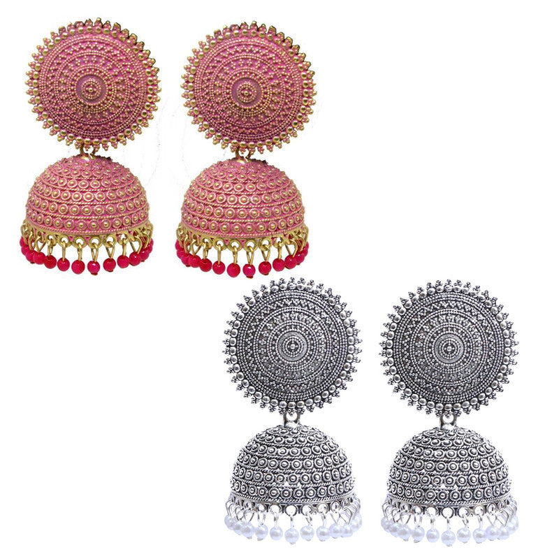 Combo of 2 Pretty Silver and Pink Pearls Drop Dome Shape Jhumki Earrings