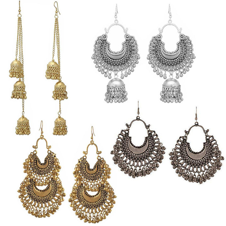 Combo of 4 Classic Golden and Silver layered and hanging Jhumki Earrings