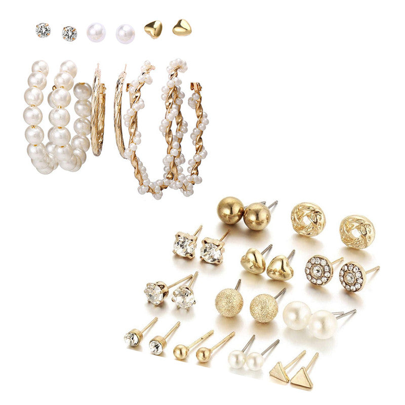 Combo of 18 Pair Stylish Gold Plated Studded Pearl Studs and Hoop Earrings