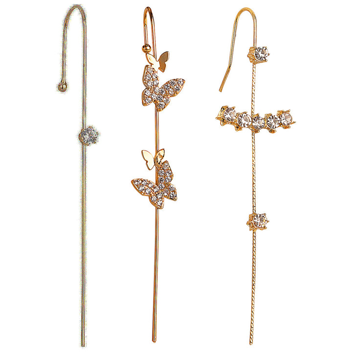 Pack Of 3 Zircon Studded And Butterfly Ear Cuff