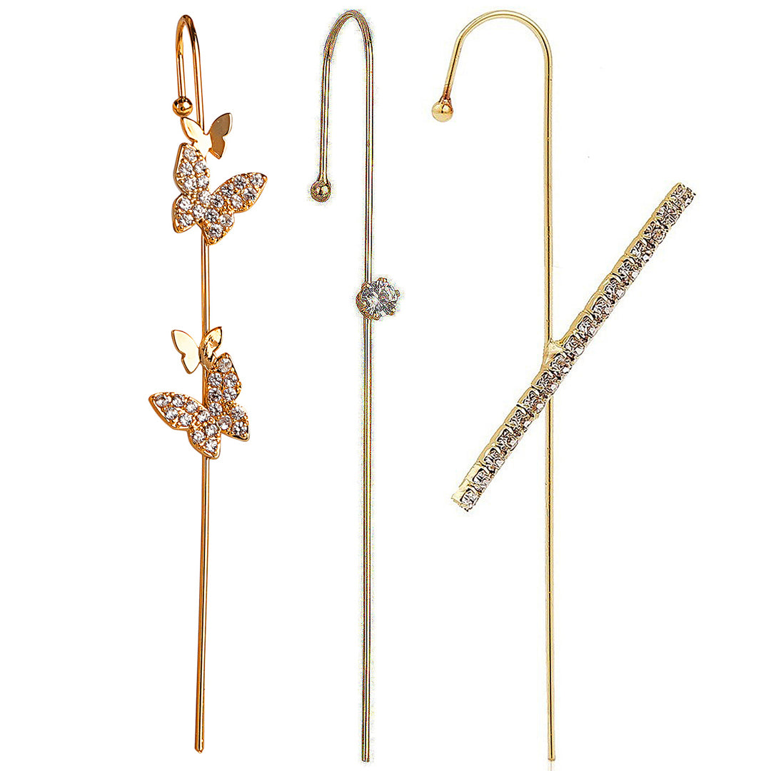 Pack Of 3 Zircon Studded Cross And Butterfly Ear Cuff