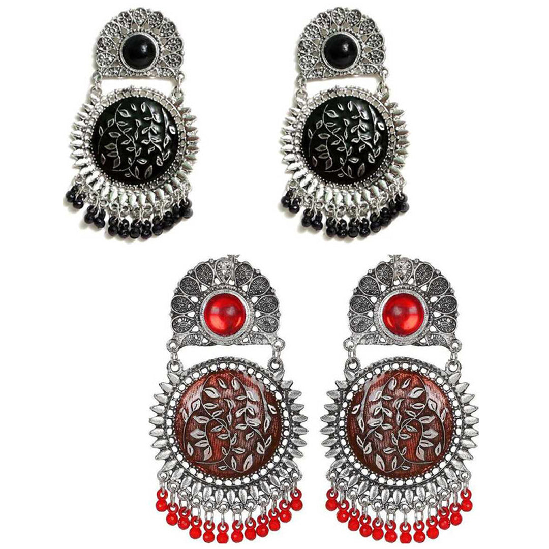 Pack of 2 Oxidized Silver Red and Black Beads Hanging Earrings