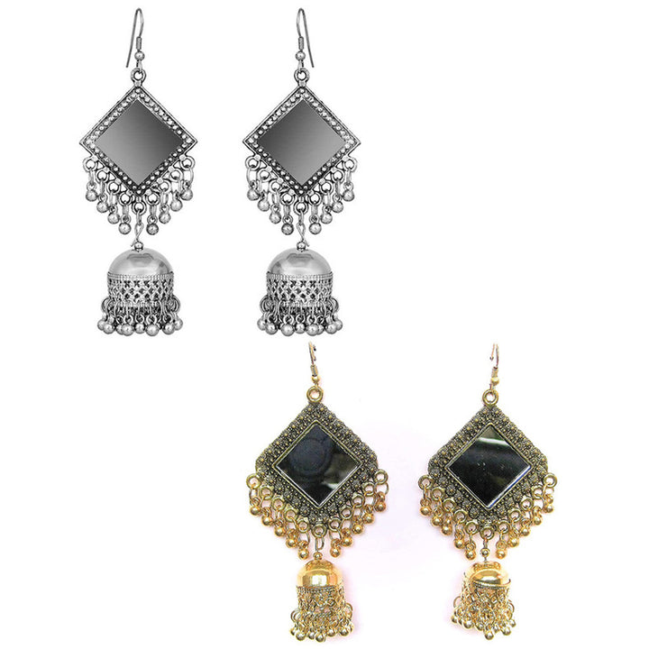 Pack of 2 Square Mirror Golden and Silver Beads Jhumki
