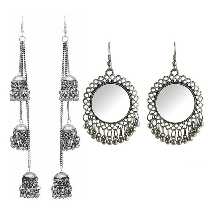 Pack of 2 Silver Ghungroo Layered and Mirror Jhumki