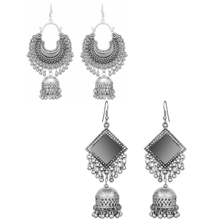 Pack of 2 Oxidized Silver Half Moon and Mirror Jhumki
