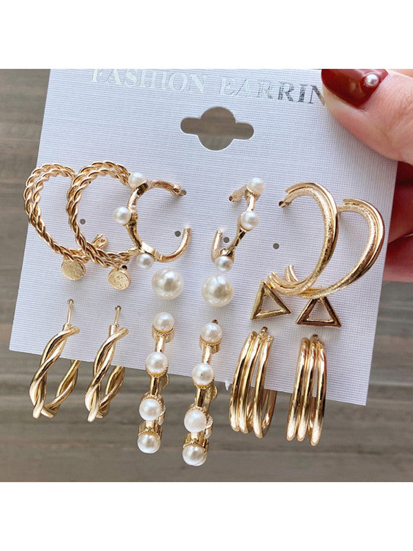Combo of 15 Pair Pretty Gold Plated Pearl Flower Studs and Hoop Earrings
