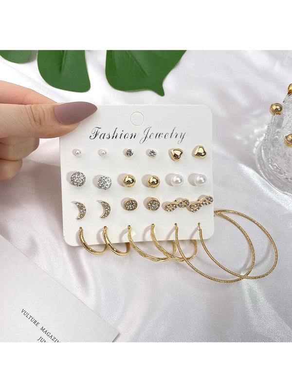 Combo of 17 Pair Attractive Gold Plated Pearl Stone Studs and Hoop Earrings