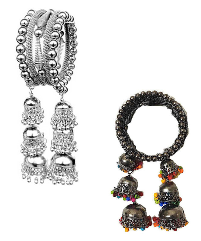 Vembley Combo of 2 Stunning Silver Bangle Bracelet with Multicolor Beads Hanging Jhumki