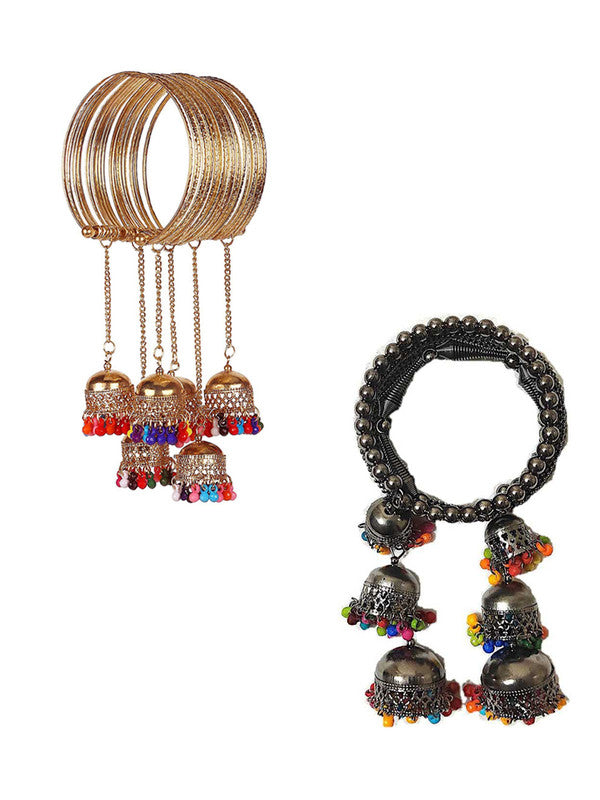 Vembley Combo of 2 Trendy Golden and Silver Bangle Bracelet with Multicolor Beads Hanging Jhumki