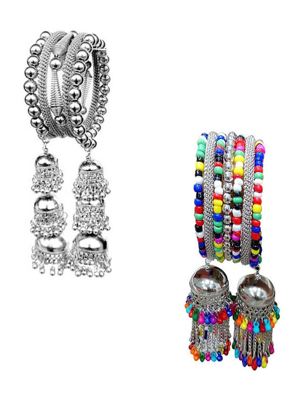Vembley Combo of 2 Fashion Silver Bangle Bracelet with Multicolor Beads Hanging Jhumki