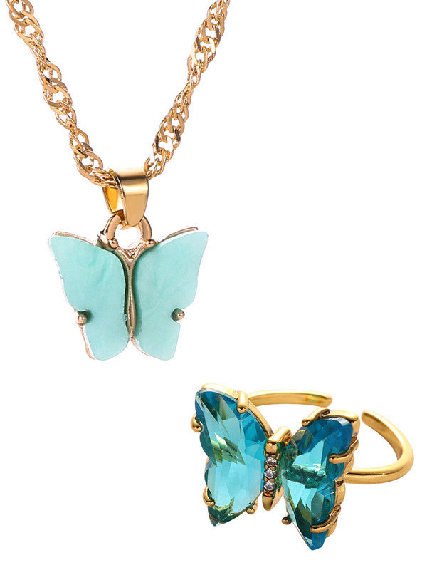 Vembley Combo Of Stunning Gold Plated Mariposa Necklace with Crystal Butterfly Ring