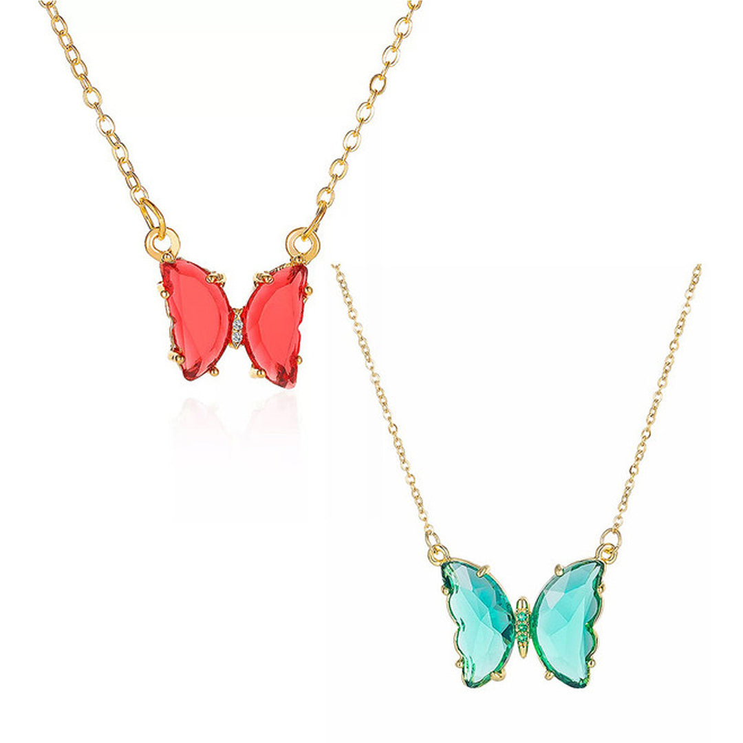 Combo Of 2 Red Blue Crystal Butterfly Pendant