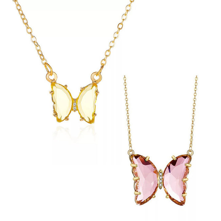 Combo Of 2 Yellow Pink Crystal Butterfly Pendant