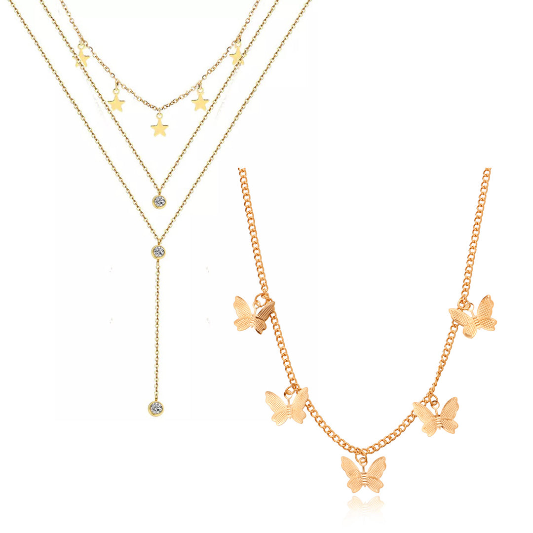 Pack Of 2 Golden Layered Star Drop Studded Pendant