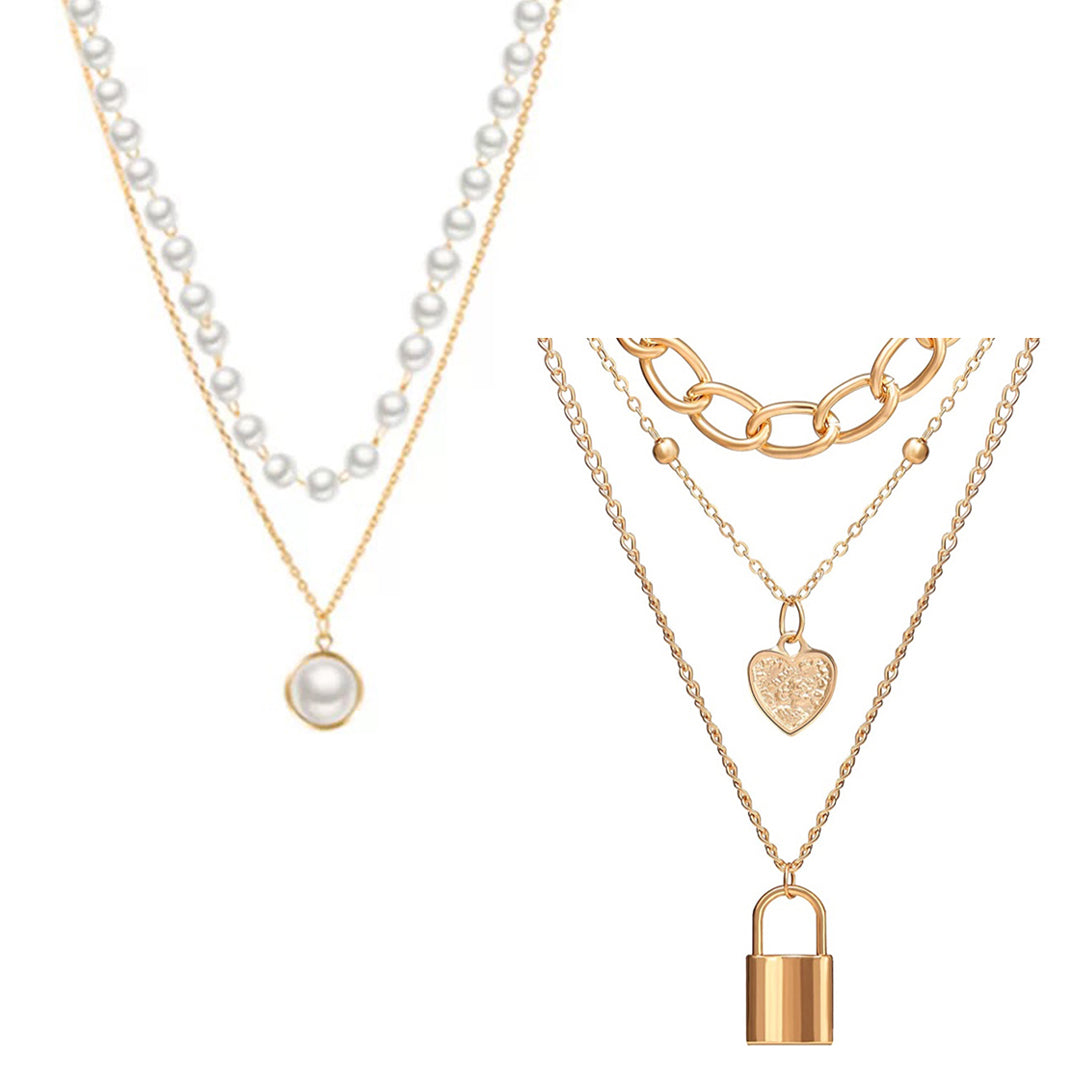 Pack Of 2 Layered Pearl Chain Link Heart Lock Pendant – Vembley