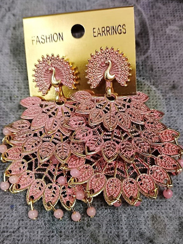 Vembley Embellished Golden Light Pink Pearls Drop Peacock Shaped Dangler Earrings For Women and Girls