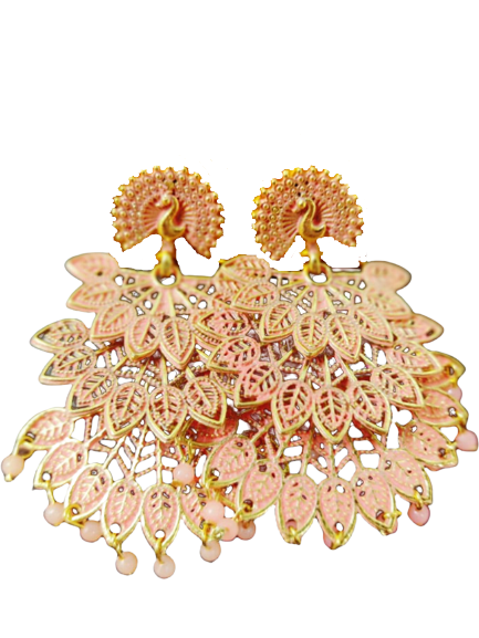 Golden Light Pink Pearls Drop Peacock Dangler Earrings