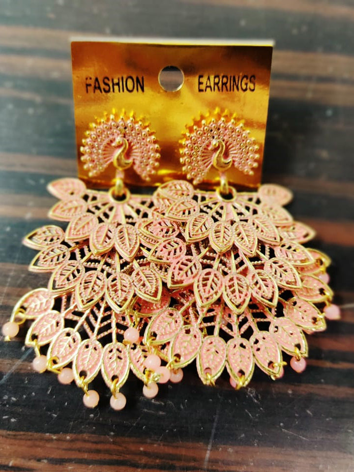 Golden Light Pink Pearls Drop Peacock Dangler Earrings