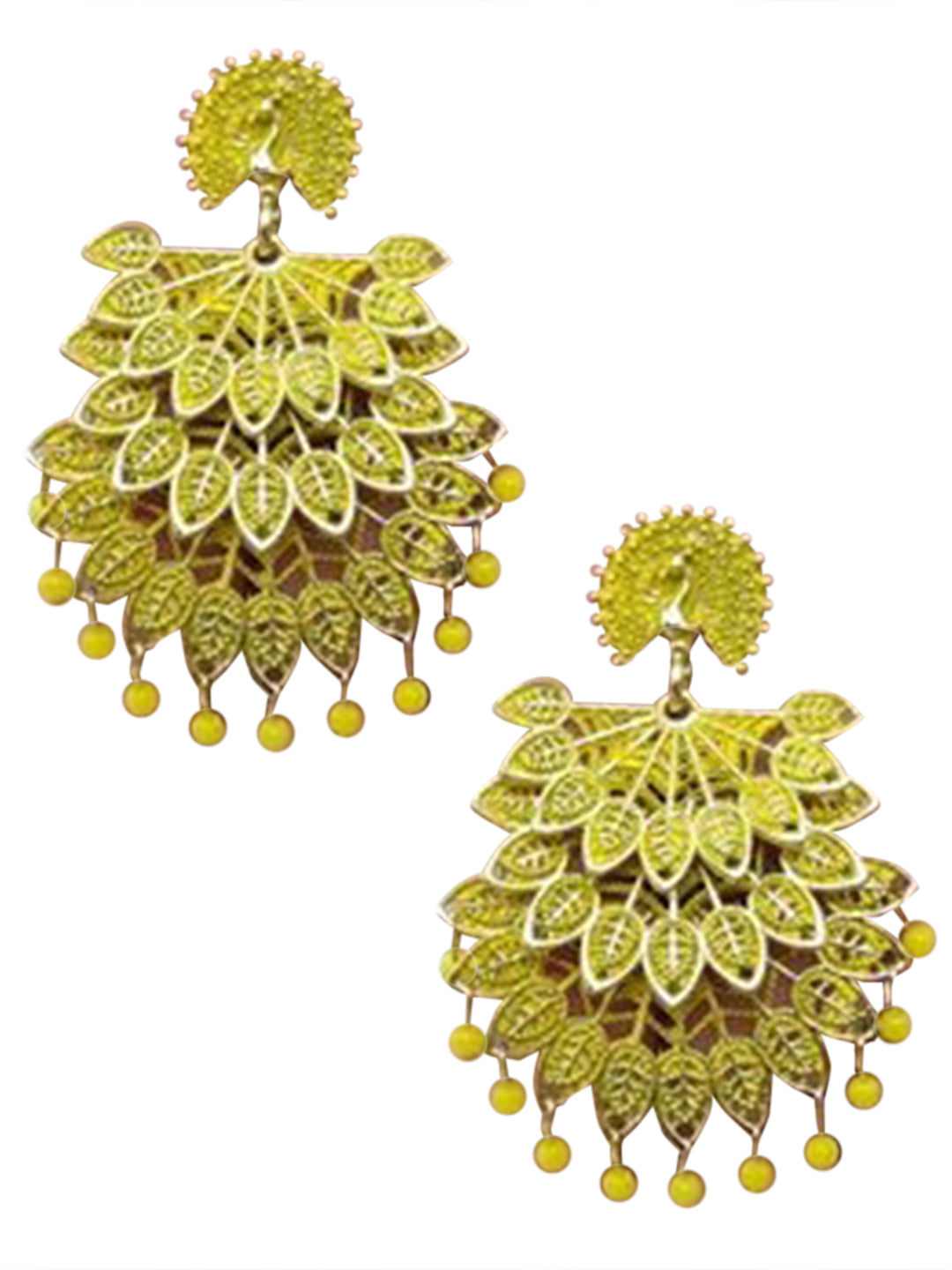 Yellow Pearl Drop Peacock Shaped Dangler Earrings