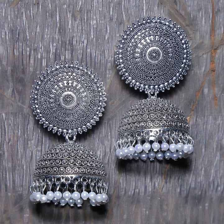 Combo of Silver Jhumki and Bahubali Earrings With Maang Tikka
