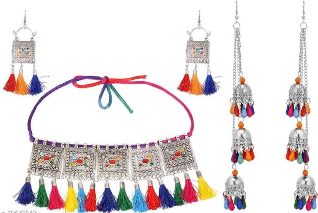 Vembley Combo of Trendy Silver Multicolor Layered Jhumki and Jewelry Set for women and Girls