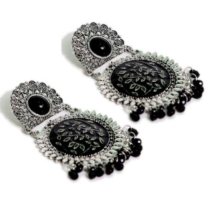 Oxidised Silver Black Beads Chandbali Earrings