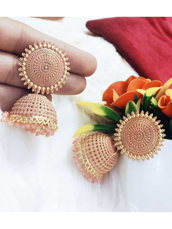 Vembley Tradition Trendy Golden Peach Pearls Drop Dome Shape Jhumka Earrings For Women and Girls